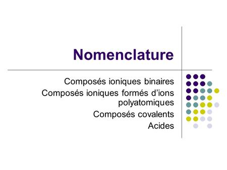 Nomenclature Composés ioniques binaires