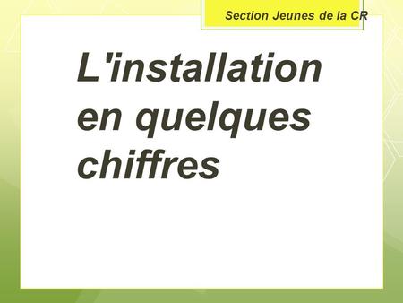 L'installation en quelques chiffres Section Jeunes de la CR.