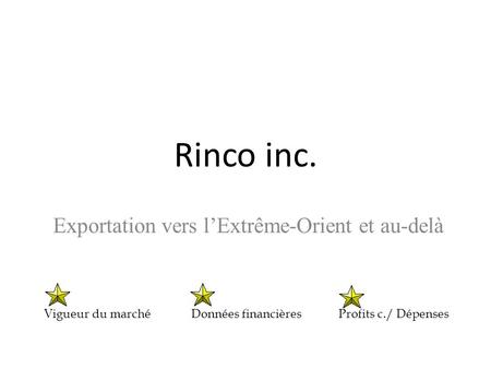 Rinco inc. Exportation vers l’Extrême-Orient et au-delà Vigueur du marchéDonnées financièresProfits c./ Dépenses.