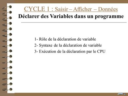 CYCLE 1 : Saisir – Afficher – Données Déclarer des Variables dans un programme 1- Rôle de la déclaration de variable 2- Syntaxe de la déclaration de variable.