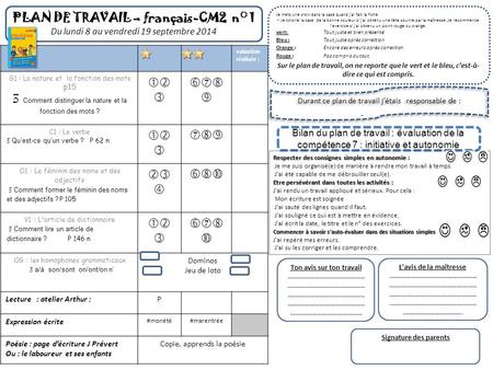 PLAN DE TRAVAIL – français-CM2 n° 1 Ton avis sur ton travail
