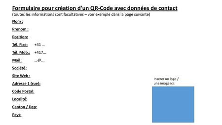 Formulaire pour création d’un QR-Code avec données de contact