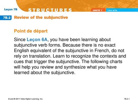 Point de départ Since Leçon 6A, you have been learning about subjunctive verb forms. Because there is no exact English equivalent of the subjunctive.