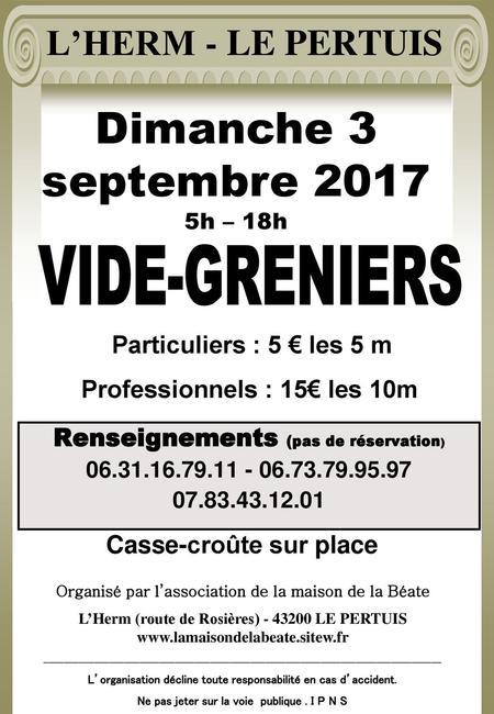 Dimanche 3 septembre 2017 L’HERM - LE PERTUIS VIDE-GRENIERS