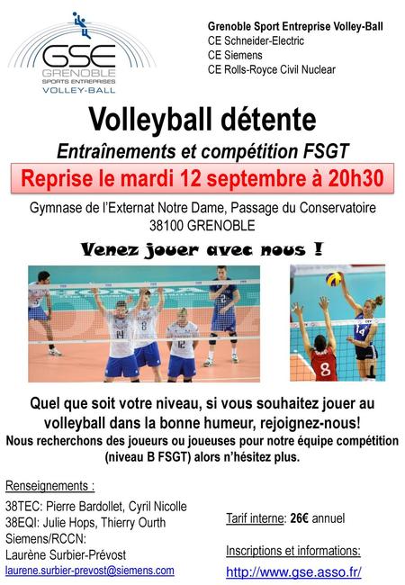 Volleyball détente Reprise le mardi 12 septembre à 20h30