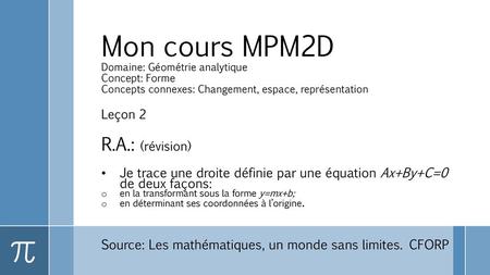 Mon cours MPM2D Domaine: Géométrie analytique Concept: Forme Concepts connexes: Changement, espace, représentation Leçon 2 R.A.: (révision) Je trace une.