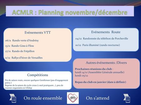 ACMLR : Planning novembre/décembre