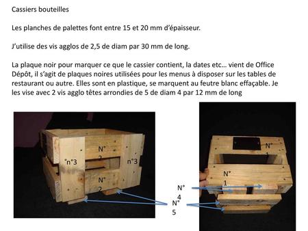 Cassiers bouteilles   Les planches de palettes font entre 15 et 20 mm d’épaisseur. J’utilise des vis agglos de 2,5 de diam par 30 mm de long. La plaque.