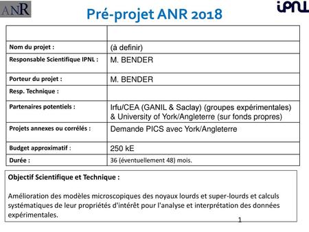Pré-projet ANR Données du Projet (à definir) M. BENDER