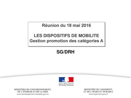 Réunion du 18 mai 2016 LES DISPOSITIFS DE MOBILITE Gestion promotion des catégories A Sous-titre SG/DRH.