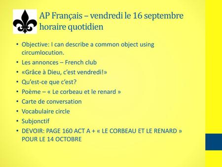 AP Français – vendredi le 16 septembre horaire quotidien