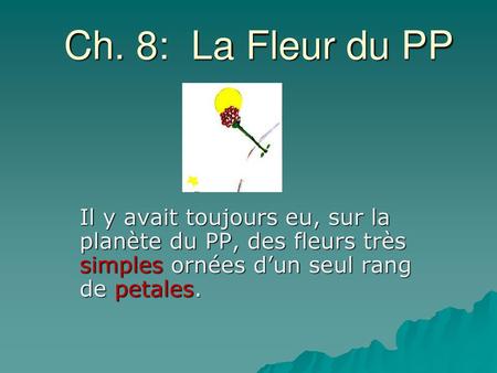 Ch. 8: La Fleur du PP Il y avait toujours eu, sur la planète du PP, des fleurs très simples ornées d’un seul rang de petales.