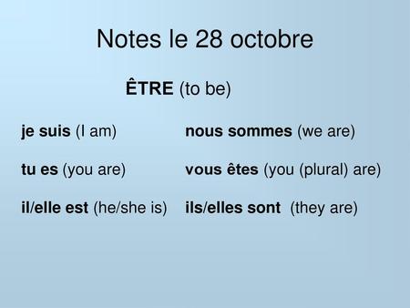 Notes le 28 octobre ÊTRE (to be) je suis (I am) nous sommes (we are)