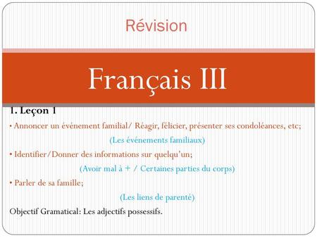 Français III Révision 1. Leçon 1 (Les événements familiaux)