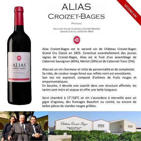 SECOND VIN Alias Croizet-Bages est le second vin de Château Croizet-Bages Grand Cru Classé en 1855. Constitué essentiellement des jeunes vignes de Croizet-Bages,
