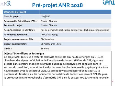 Pré-projet ANR 2018 Données du Projet