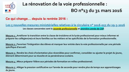 La rénovation de la voie professionnelle : BO n°13 du 31 mars 2016