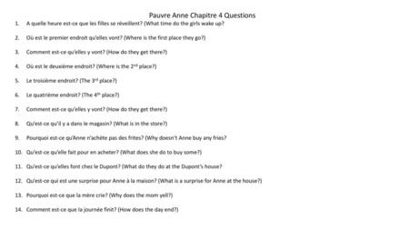 Pauvre Anne Chapitre 4 Questions
