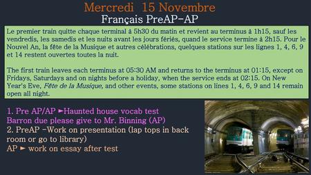 Mercredi 15 Novembre Français PreAP-AP