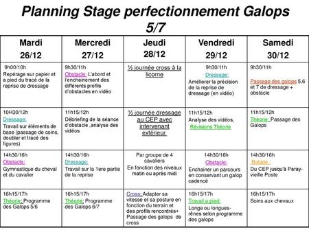 Planning Stage perfectionnement Galops 5/7