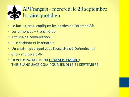 AP Français – mercredi le 20 septembre horaire quotidien
