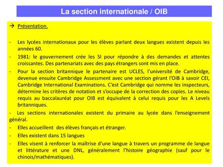 La section internationale / OIB