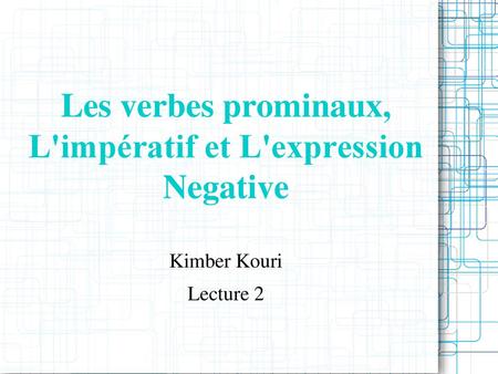 Les verbes prominaux, L'impératif et L'expression Negative