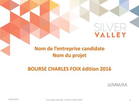 Nom de l’entreprise candidate Nom du projet BOURSE CHARLES FOIX édition 2016 JJ/MM/AA 16/09/2018 Tous droits réservés - © Silver Valley 2016.