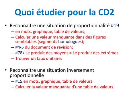 Quoi étudier pour la CD2 Reconnaitre une situation de proportionnalité #19 en mots, graphique, table de valeurs; Calculer une valeur manquante dans des.