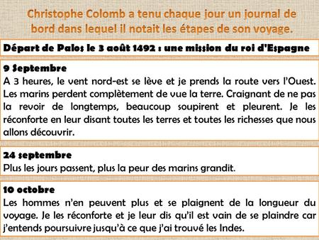 Christophe Colomb a tenu chaque jour un journal de bord dans lequel il notait les étapes de son voyage. Départ de Palos le 3 août 1492 : une mission du.