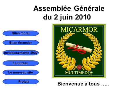 Bilan moral Bilan financier Le bureau Le nouveau site Investissements 2009 Projets Assemblée Générale du 2 juin 2010 Bienvenue à tous …..