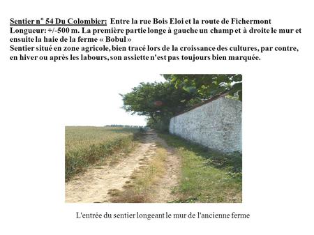 Sentier n° 54 Du Colombier: Entre la rue Bois Eloi et la route de Fichermont Longueur: +/-500 m. La première partie longe à gauche un champ et à droite.