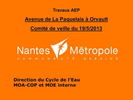Direction du Cycle de l’Eau MOA-COP et MOE interne Travaux AEP Avenue de La Paquelais à Orvault Comité de veille du 19/5/2013.