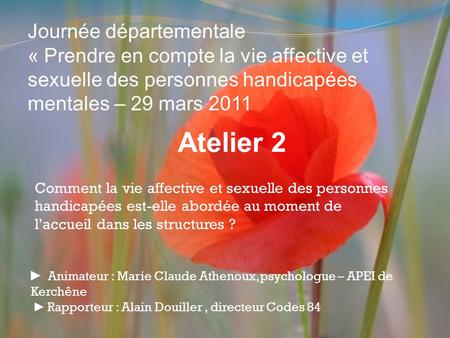 Atelier 2 ► A nimateur : Marie Claude Athenoux, psychologue – APEI de Kerchêne ► Rapporteur : Alain Douiller, directeur Codes 84 Comment la vie affective.