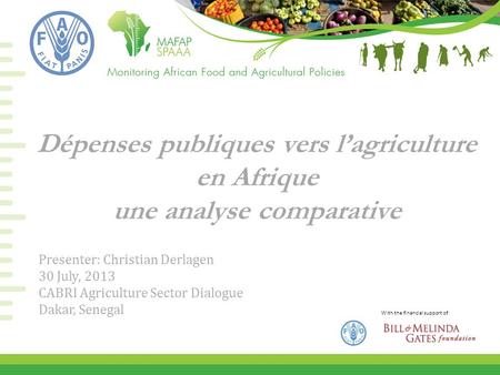 With the financial support of Dépenses publiques vers l’agriculture en Afrique une analyse comparative Presenter: Christian Derlagen 30 July, 2013 CABRI.