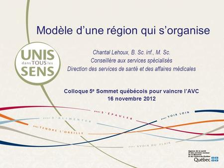 Modèle d’une région qui s’organise Chantal Lehoux, B. Sc. inf., M. Sc. Conseillère aux services spécialisés Direction des services de santé et des affaires.