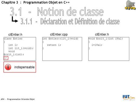 AP4 - Programmation Orientée Objet Chapitre 3 : Programmation Objet en C++ class Entier { int i; int lit_i(void); void Ecrit_i(int); }; int Entier::lit_i(void)
