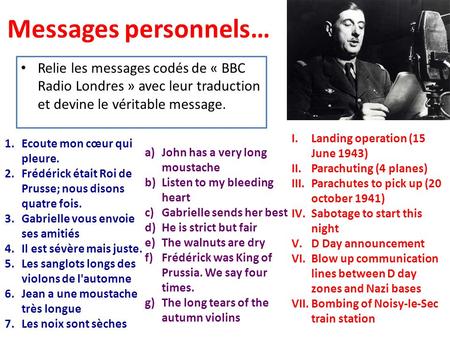 Messages personnels… Relie les messages codés de « BBC Radio Londres » avec leur traduction et devine le véritable message. Landing operation (15 June.