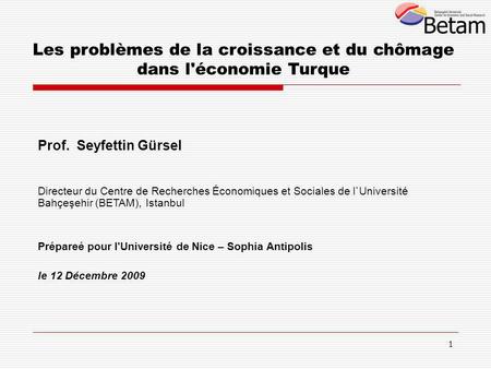 1 Les problèmes de la croissance et du chômage dans l'économie Turque Prof. Seyfettin Gürsel Directeur du Centre de Recherches Économiques et Sociales.