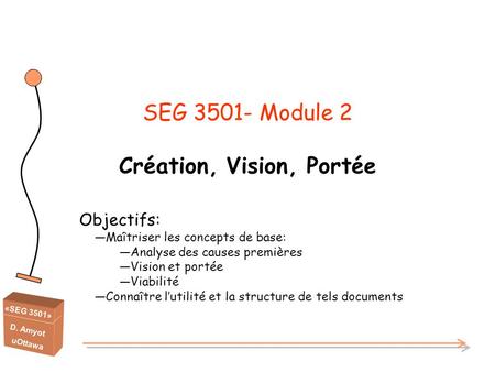 «SEG 3501» D. Amyot uOttawa SEG 3501- Module 2 Création, Vision, Portée Objectifs: ―Maîtriser les concepts de base: ―Analyse des causes premières ―Vision.