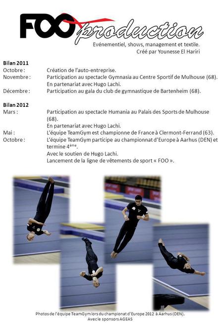 Bilan 2011 Octobre : Création de l’auto-entreprise. Novembre :Participation au spectacle Gymnasia au Centre Sportif de Mulhouse (68). En partenariat avec.