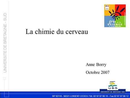 BP 92116 - 56321 LORIENT CEDEX / Tél. 02 97 87 66 10 - Fax 02 97 87 66 12 UNIVERSITE DE BRETAGNE - SUD La chimie du cerveau Anne Borry Octobre 2007.