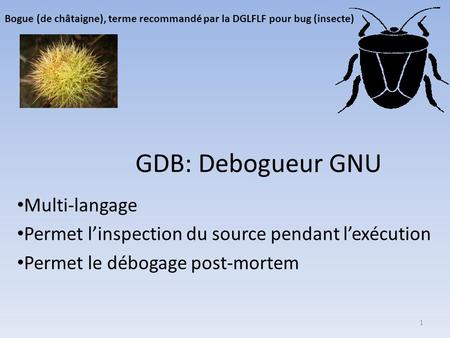GDB: Debogueur GNU Multi-langage Permet l’inspection du source pendant l’exécution Permet le débogage post-mortem Bogue (de châtaigne), terme recommandé.
