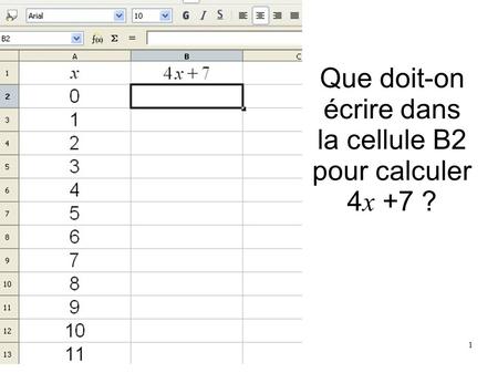 Que doit-on écrire dans la cellule B2 pour calculer 4x +7 ?