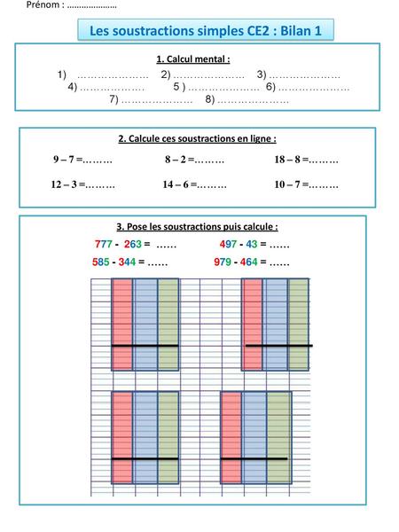 Les soustractions simples CE2 : Bilan 1 n°1