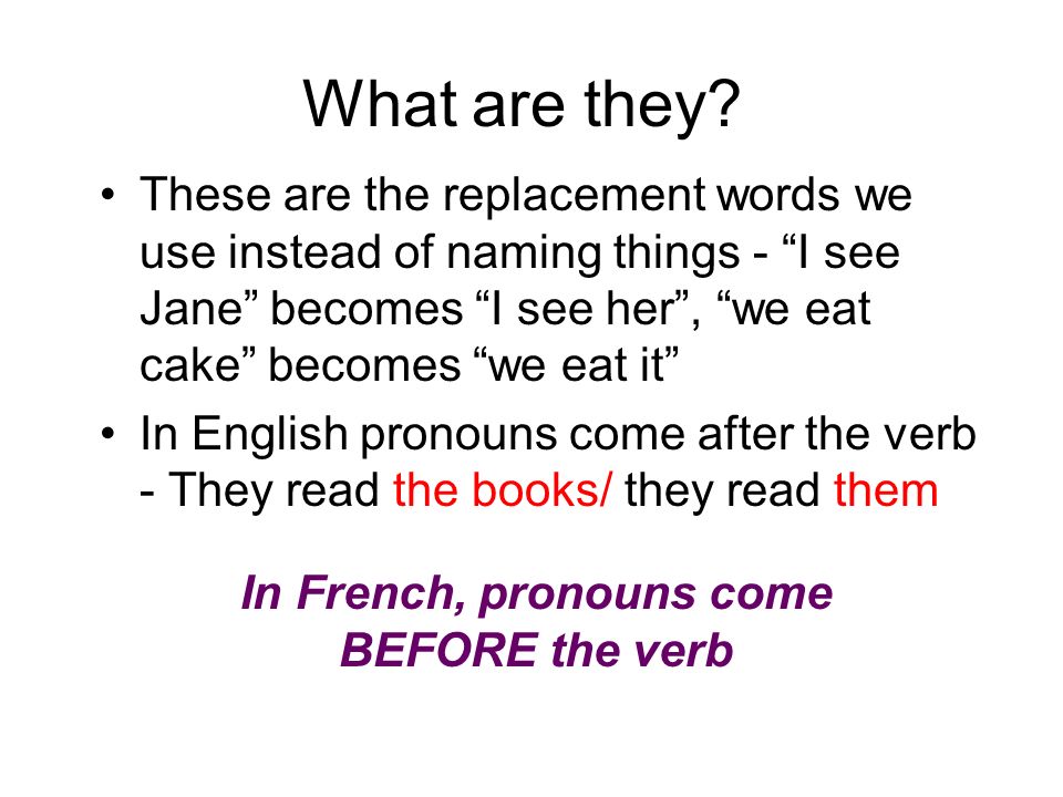 In French, pronouns come BEFORE the verb