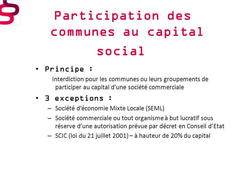 Participation des communes au capital social