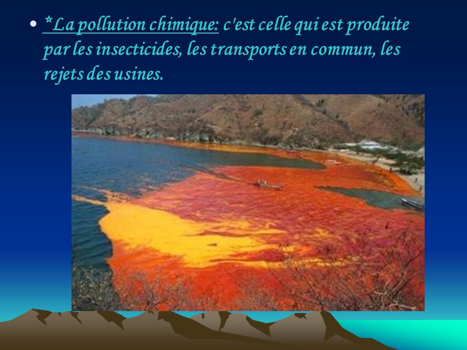*La pollution chimique: c est celle qui est produite par les insecticides, les transports en commun, les rejets des usines.