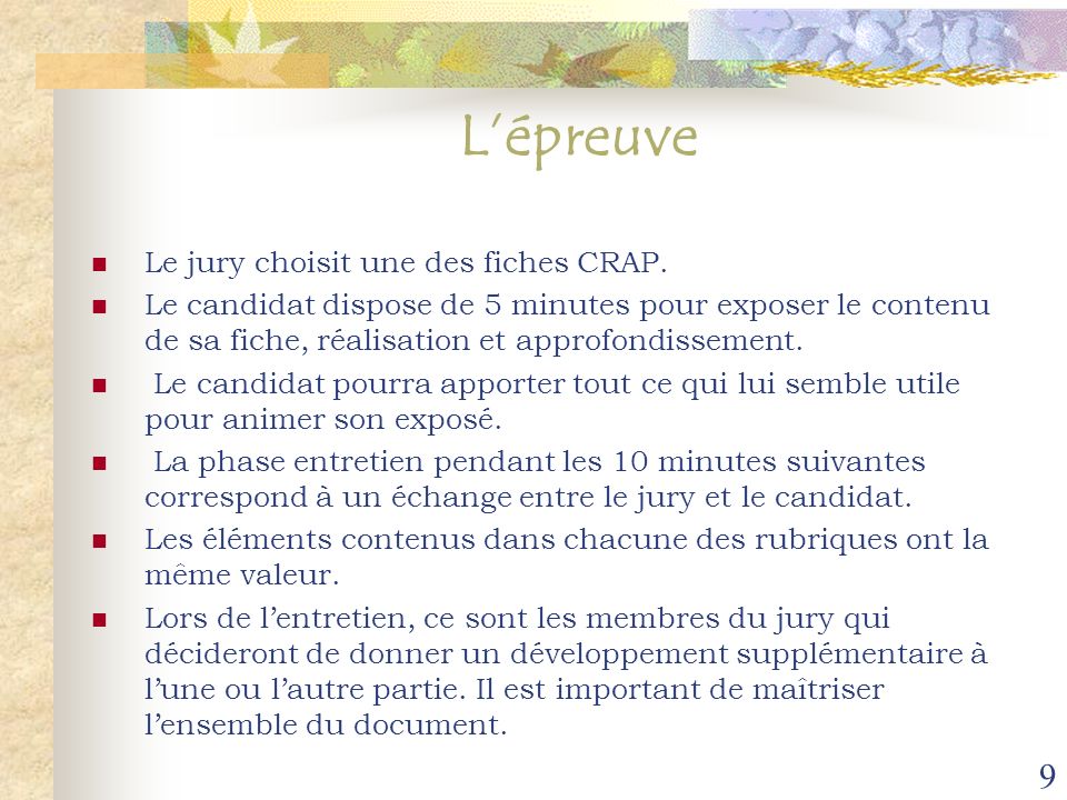 L’épreuve Le jury choisit une des fiches CRAP.
