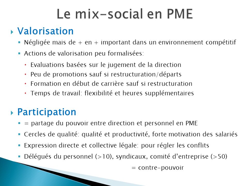 Le mix-social en PME Valorisation Participation